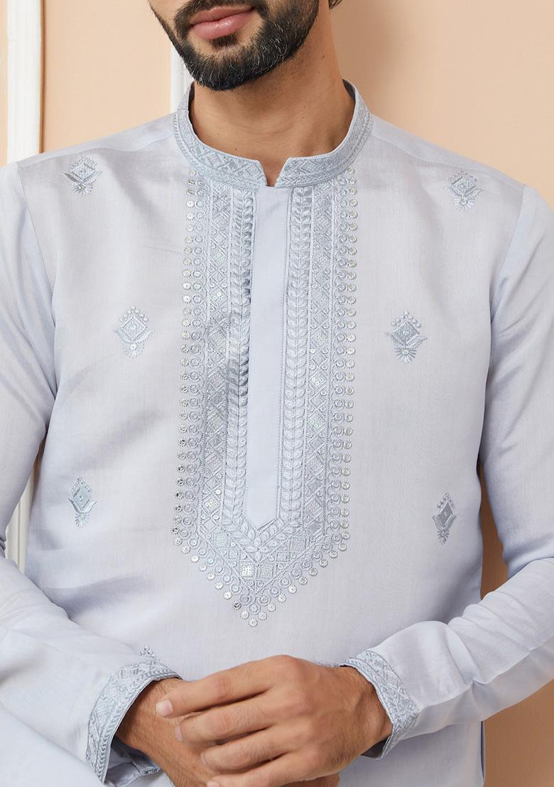 Pastel Blue Embroidered Kurta Set For Men