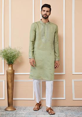 Olive Embroidered Kurta Set For Men
