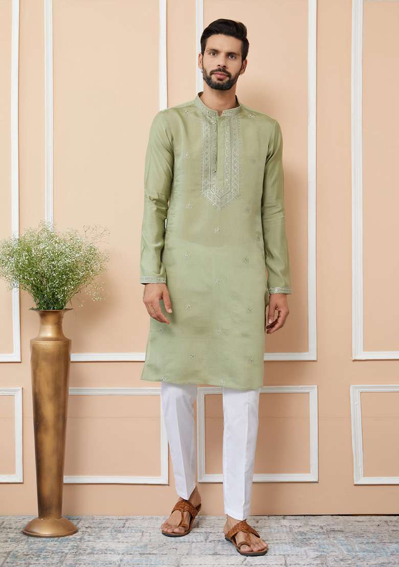 Olive Embroidered Kurta Set For Men - Indya