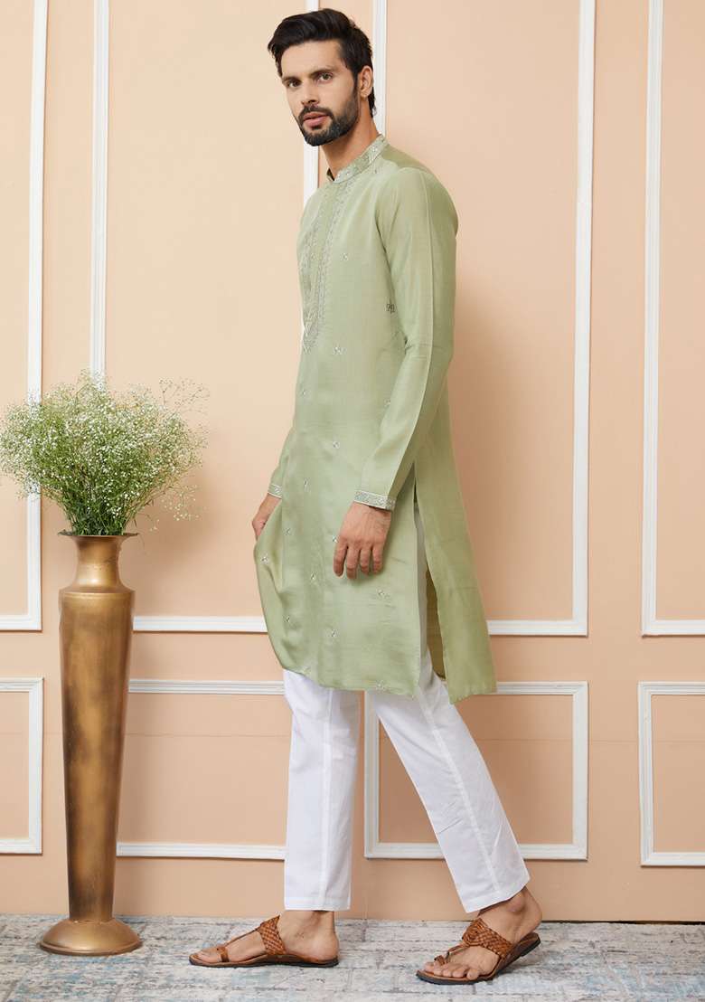 Olive Embroidered Kurta Set For Men - Indya