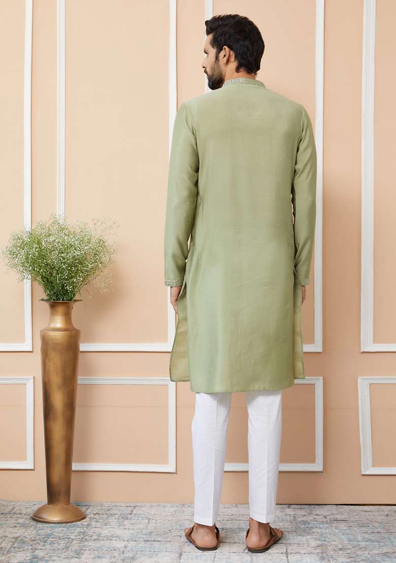 Olive Embroidered Kurta Set For Men - Indya