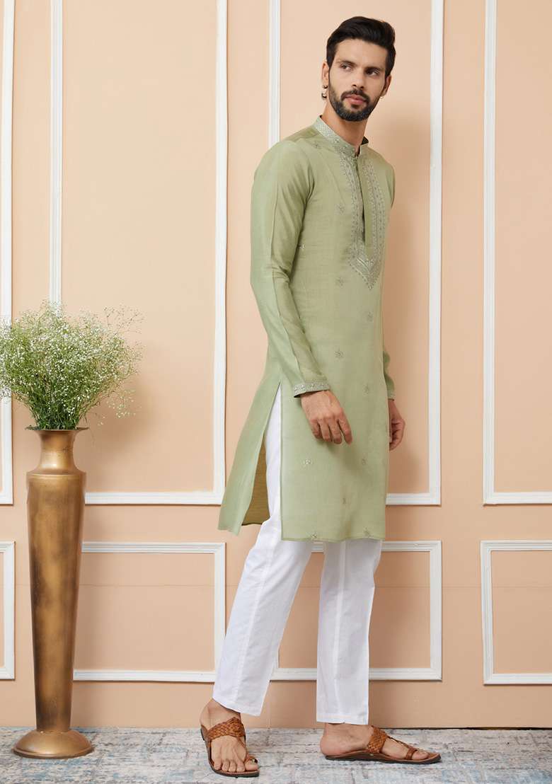 Olive Embroidered Kurta Set For Men - Indya