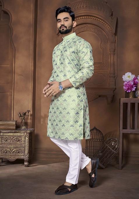 Mint Green Embroidered Silk Kurta Set For Men