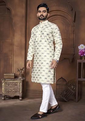 Cream Embroidered Silk Kurta Set For Men