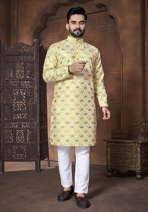 Yellow Embroidered Silk Kurta Set For Men