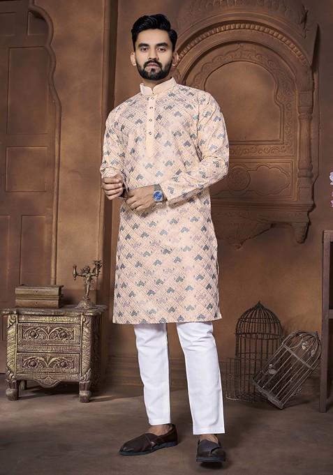 Pink Embroidered Silk Kurta Set For Men