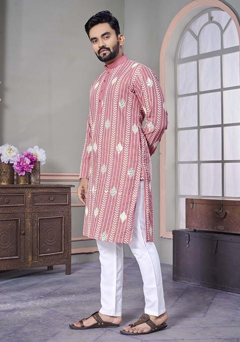 Pink Embroidered Linen Kurta Set For Men