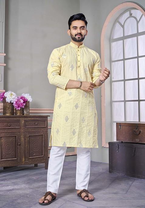 Yellow Embroidered Linen Kurta Set For Men