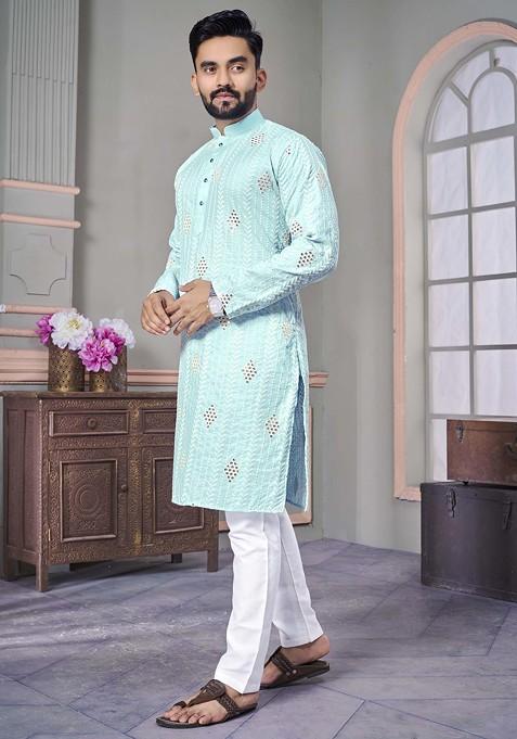 Light Blue Embroidered Linen Kurta Set For Men