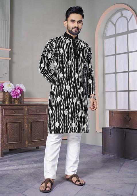 Black Embroidered Linen Kurta Set For Men