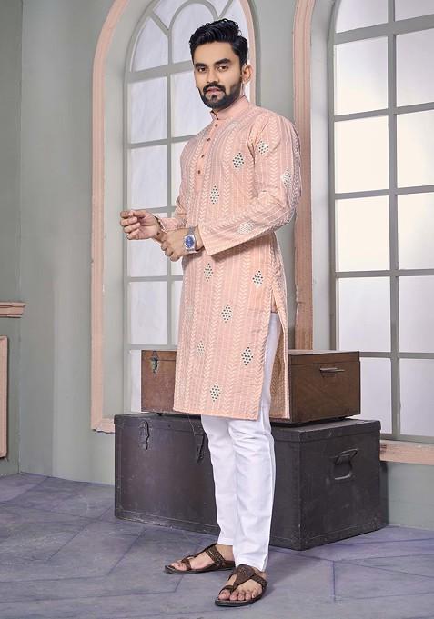 Peach Embroidered Linen Kurta Set For Men