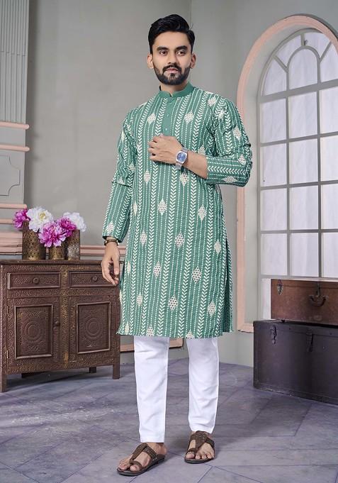 Teal Embroidered Linen Kurta Set For Men