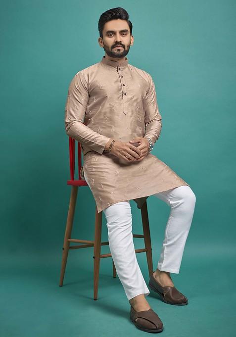 Beige Embroidered Soft Parbon Silk Kurta Set For Men