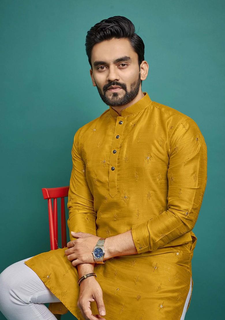 Mustard Embroidered Soft Parbon Silk Kurta Set For Men