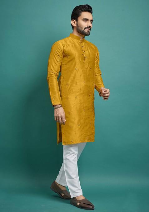 Mustard Embroidered Soft Parbon Silk Kurta Set For Men