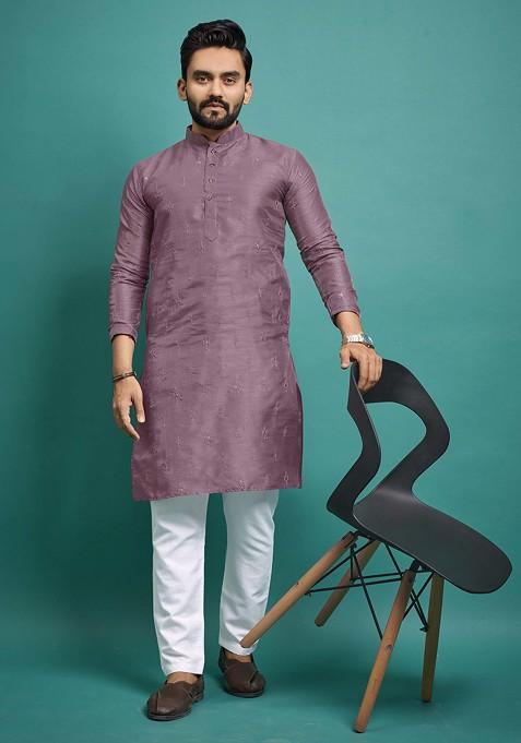 Lavender Embroidered Soft Parbon Silk Kurta Set For Men