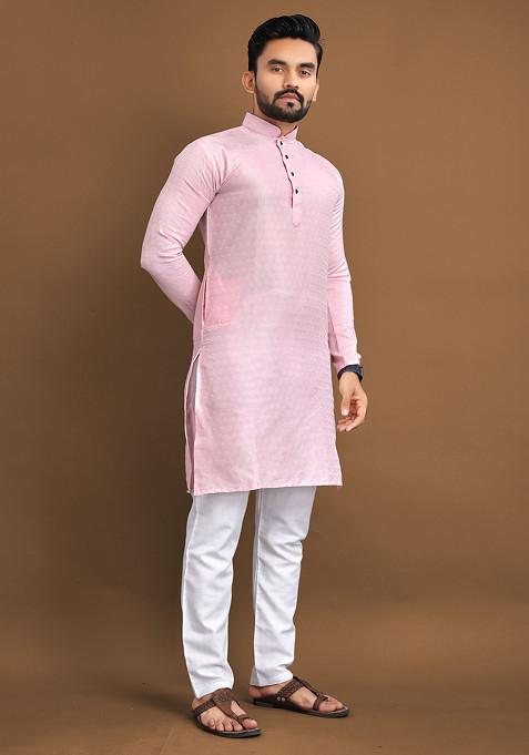 Pink Embroidered Soft Jacquard Kurta Set For Men