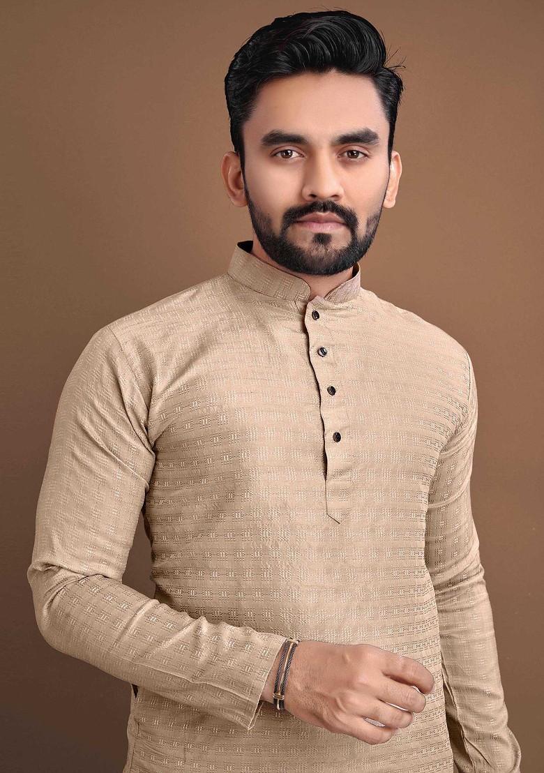Beige Embroidered Soft Jacquard Kurta Set For Men