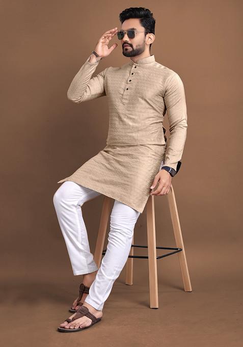 Beige Embroidered Soft Jacquard Kurta Set For Men