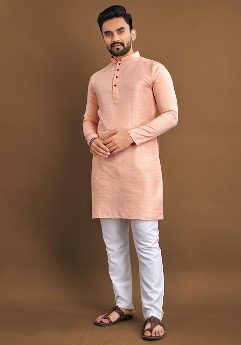 Peach Embroidered Soft Jacquard Kurta Set For Men