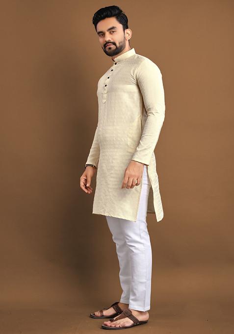 Cream Embroidered Soft Jacquard Kurta Set For Men