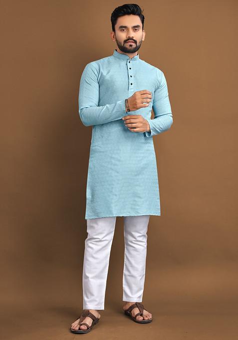 Light Blue Embroidered Soft Jacquard Kurta Set For Men