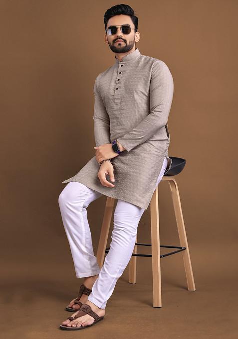 Mauve Embroidered Soft Jacquard Kurta Set For Men