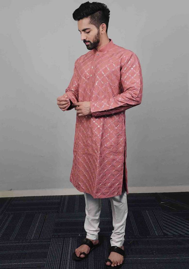 Pink Embroidered Heavy Soft Silk Blend Kurta Set For Men - Indya