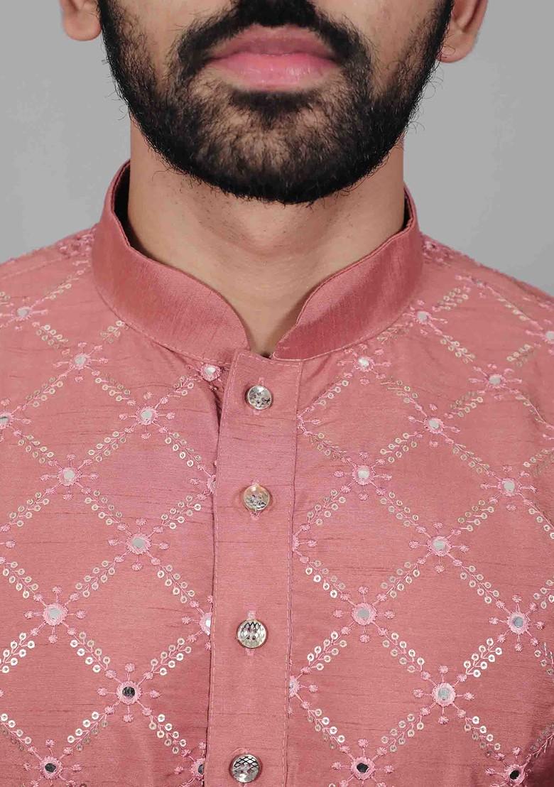 Pink Embroidered Heavy Soft Silk Kurta Set For Men