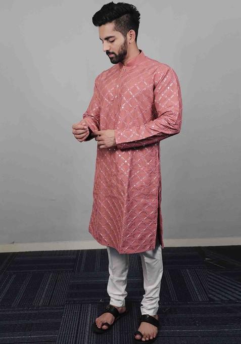 Pink Embroidered Heavy Soft Silk Kurta Set For Men