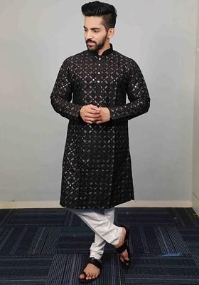 Black Embroidered Heavy Soft Silk Kurta Set For Men