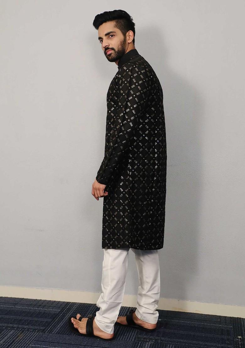 Black Embroidered Heavy Soft Silk Kurta Set For Men