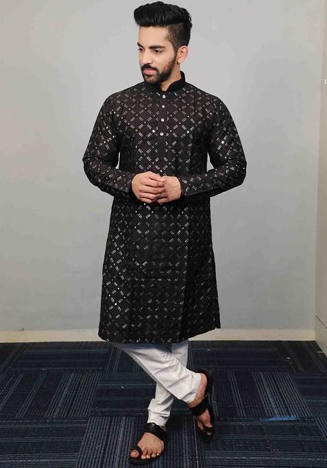 Black Embroidered Heavy Soft Silk Kurta Set For Men