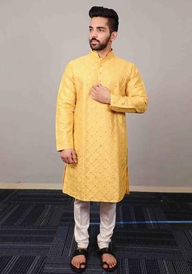 Yellow Embroidered Heavy Soft Silk Kurta Set For Men