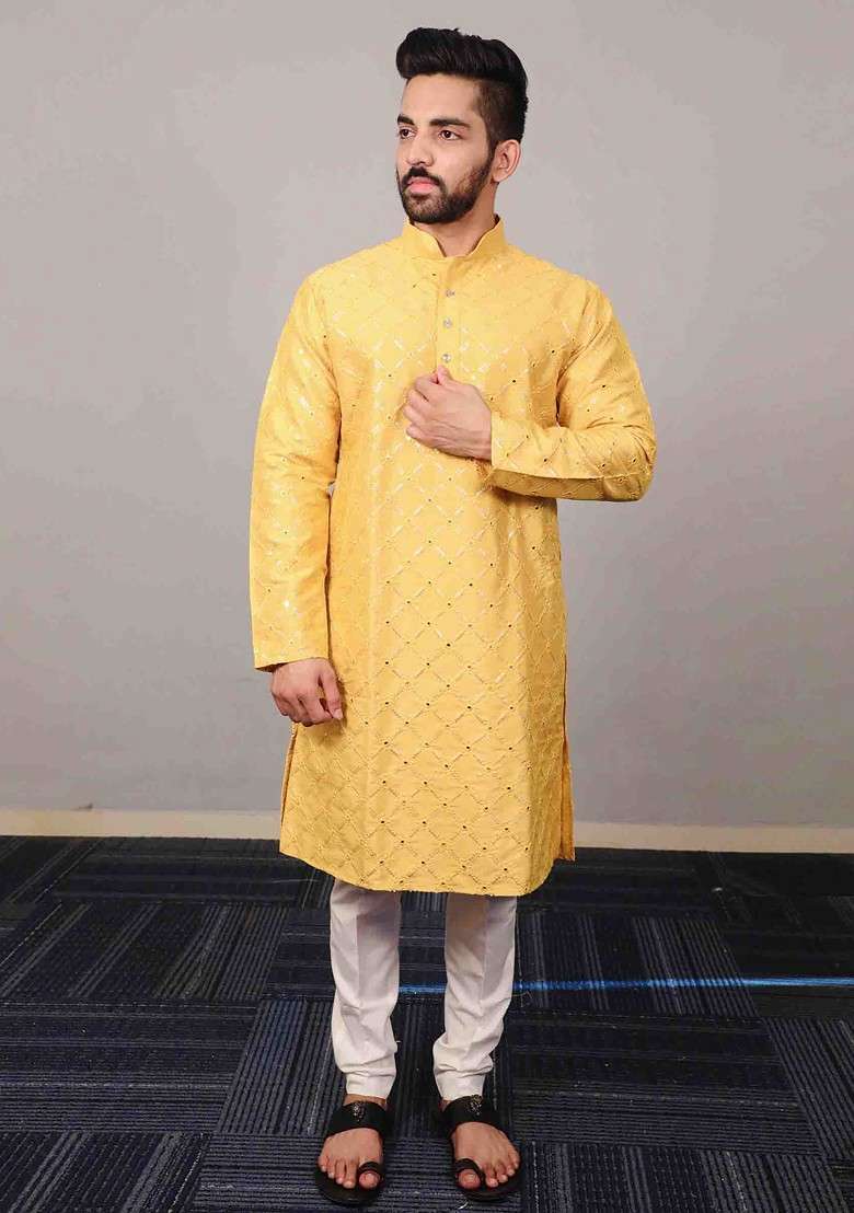 Yellow Embroidered Heavy Soft Silk Blend Kurta Set For Men - Indya
