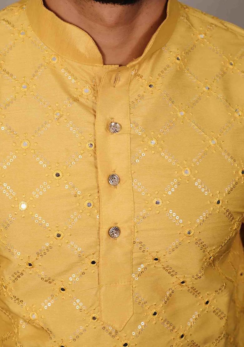 Yellow Embroidered Heavy Soft Silk Kurta Set For Men
