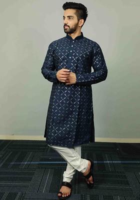 Navy Blue Embroidered Heavy Soft Silk Kurta Set For Men