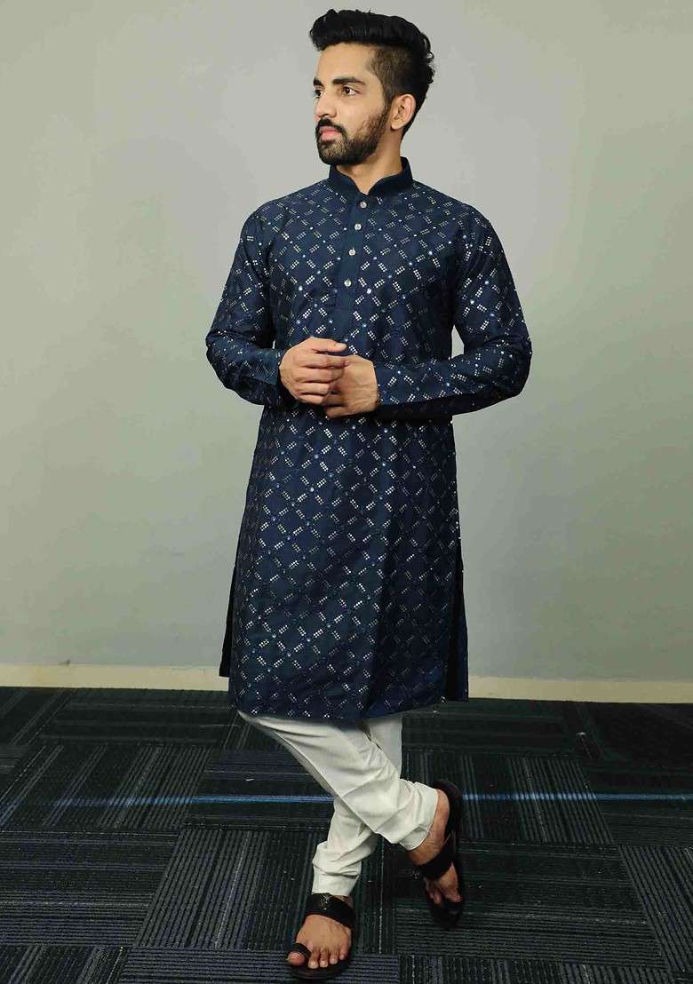Navy Blue Embroidered Heavy Soft Silk Kurta Set For Men - Indya