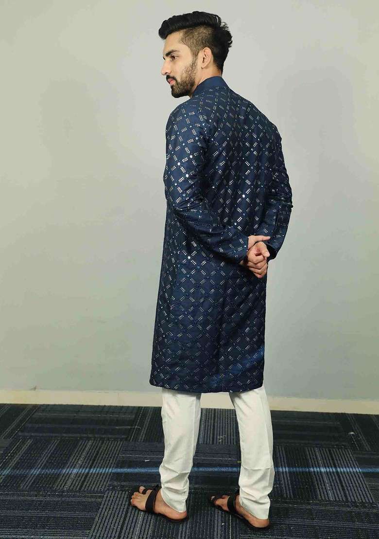 Navy Blue Embroidered Heavy Soft Silk Kurta Set For Men - Indya