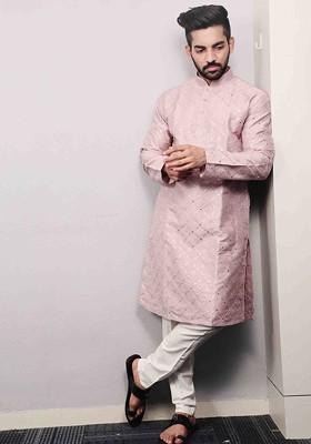 Light Purple Embroidered Heavy Soft Silk Kurta Set For Men