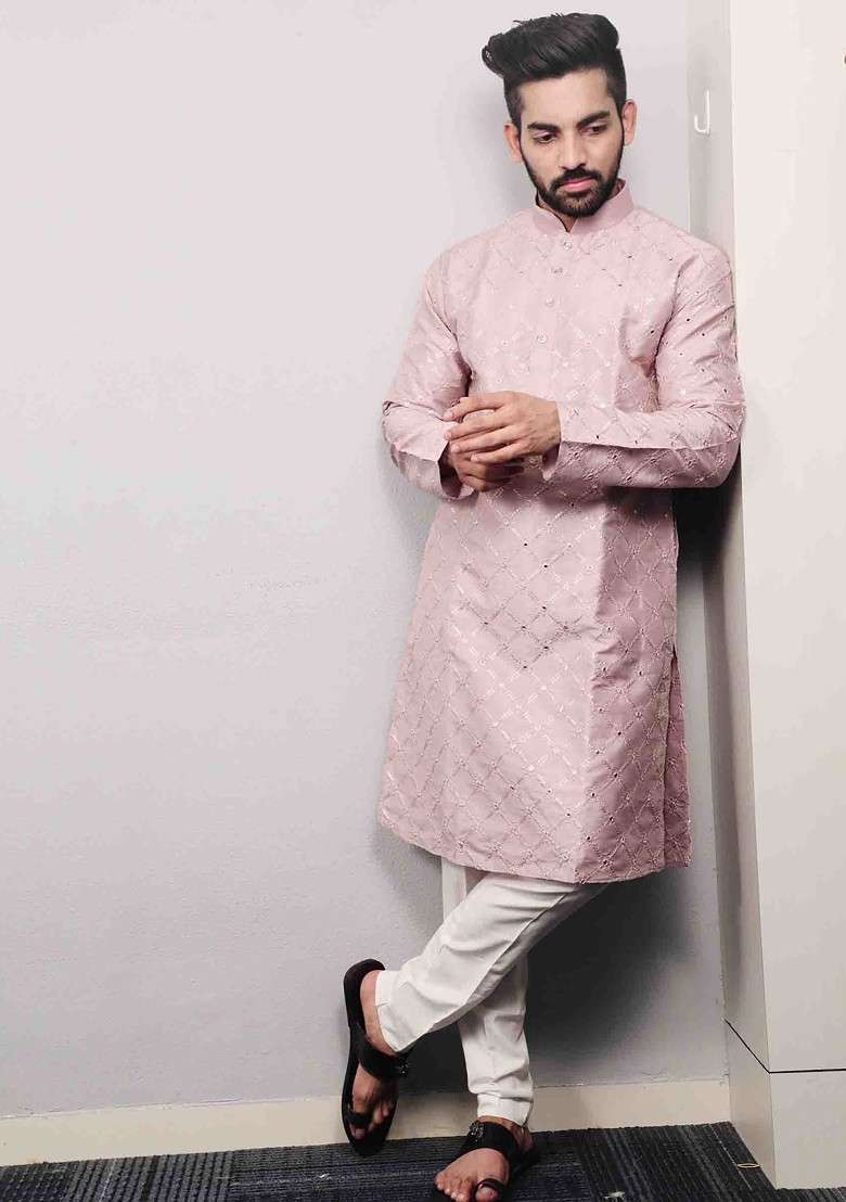 Light Purple Embroidered Heavy Soft Silk Blend Kurta Set For Men - Indya