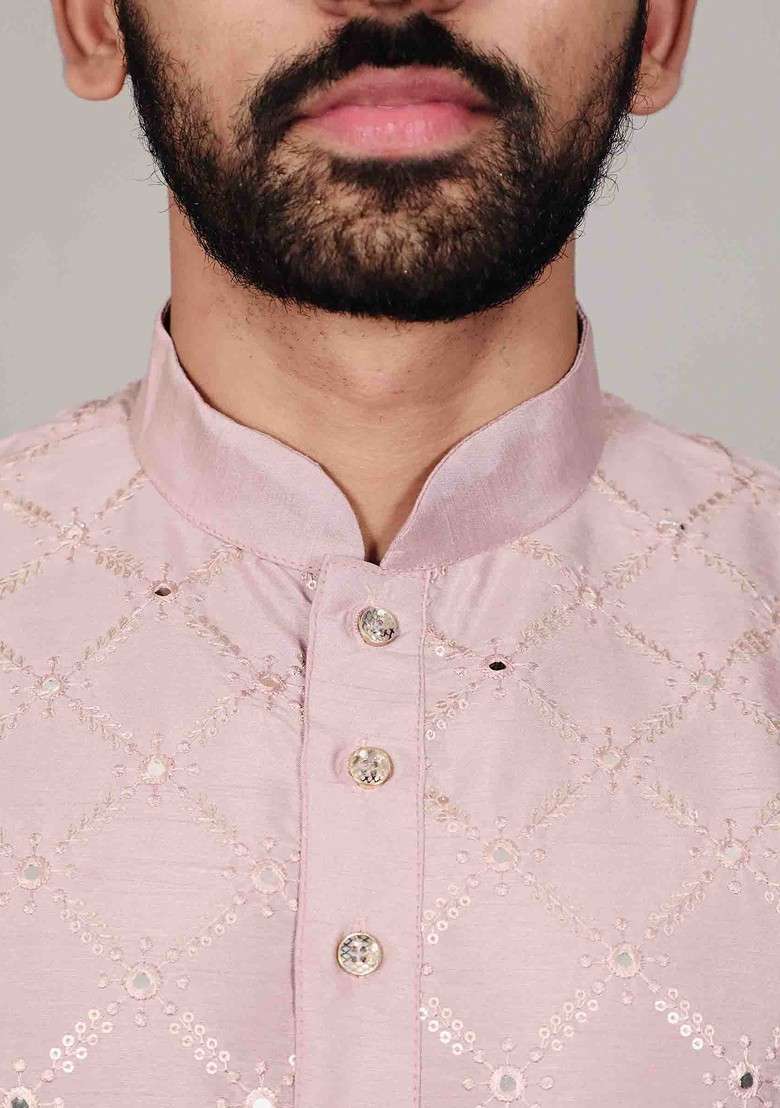 Light Purple Embroidered Heavy Soft Silk Blend Kurta Set For Men - Indya