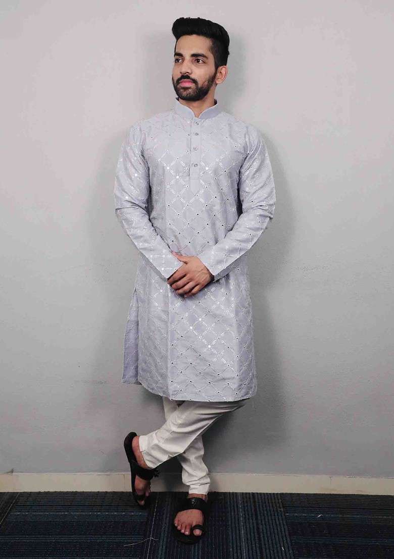 Light Mauve Embroidered Heavy Soft Silk Blend Kurta Set For Men - Indya