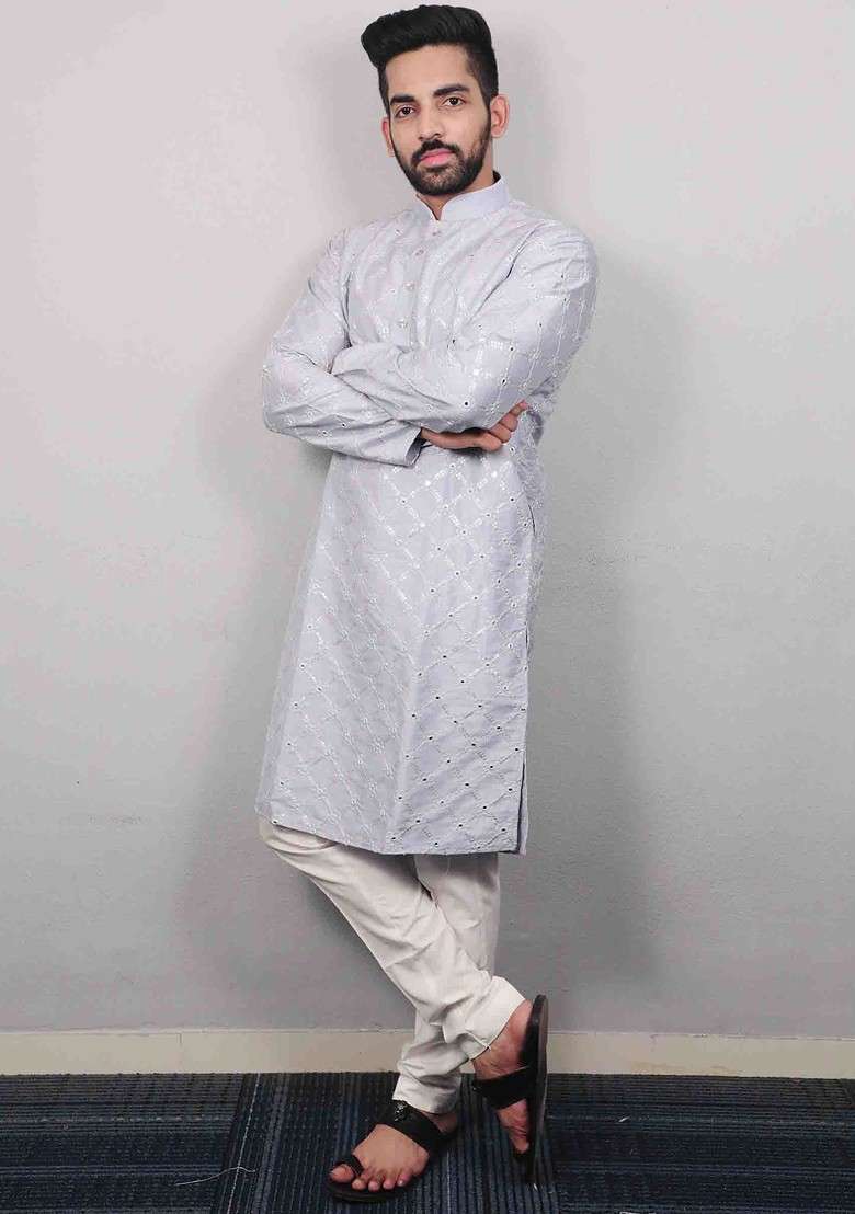Light Mauve Embroidered Heavy Soft Silk Blend Kurta Set For Men - Indya