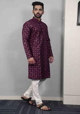 Wine Embroidered Heavy Soft Silk Kurta Set For Men