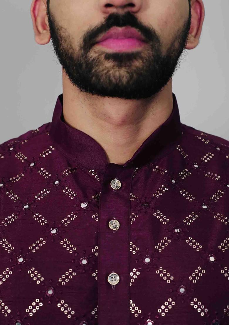 Wine Embroidered Heavy Soft Silk Kurta Set For Men