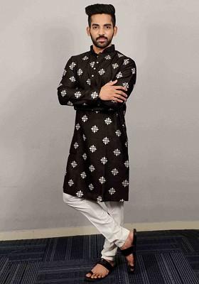 Black Embroidered Soft Parbon Silk Kurta Set For Men