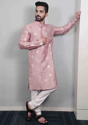 Mauve Embroidered Soft Parbon Silk Kurta Set For Men