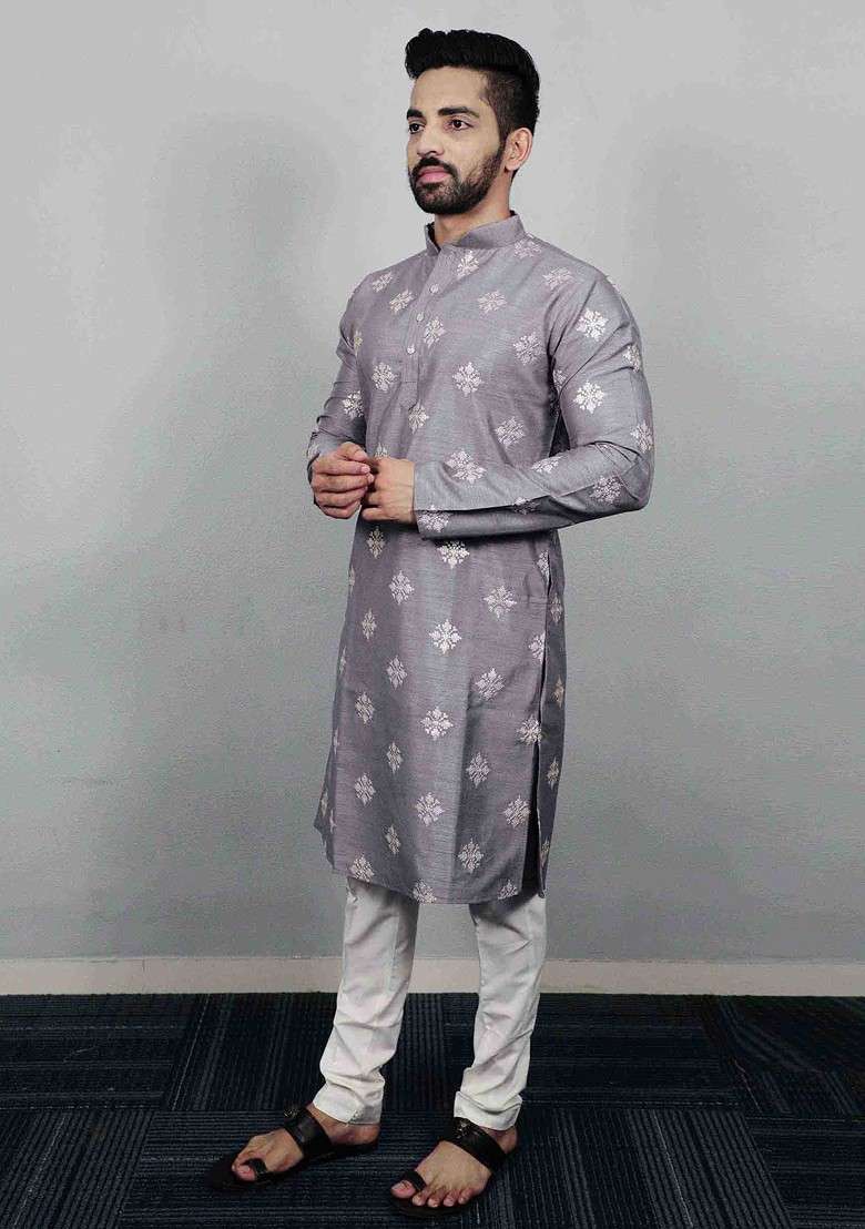 Grey Embroidered Soft Parbon Silk Kurta Set For Men - Indya