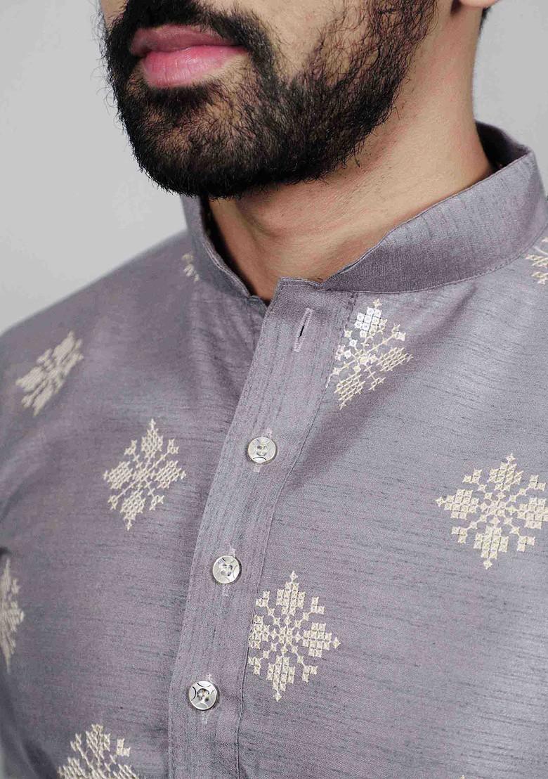 Grey Embroidered Soft Parbon Silk Kurta Set For Men
